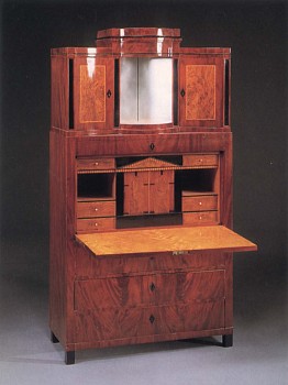 Biedermeier Mahogany, Fruitwood and Burl Walnut Fall Front Secr&Atilde;&Acirc;&copy;taire